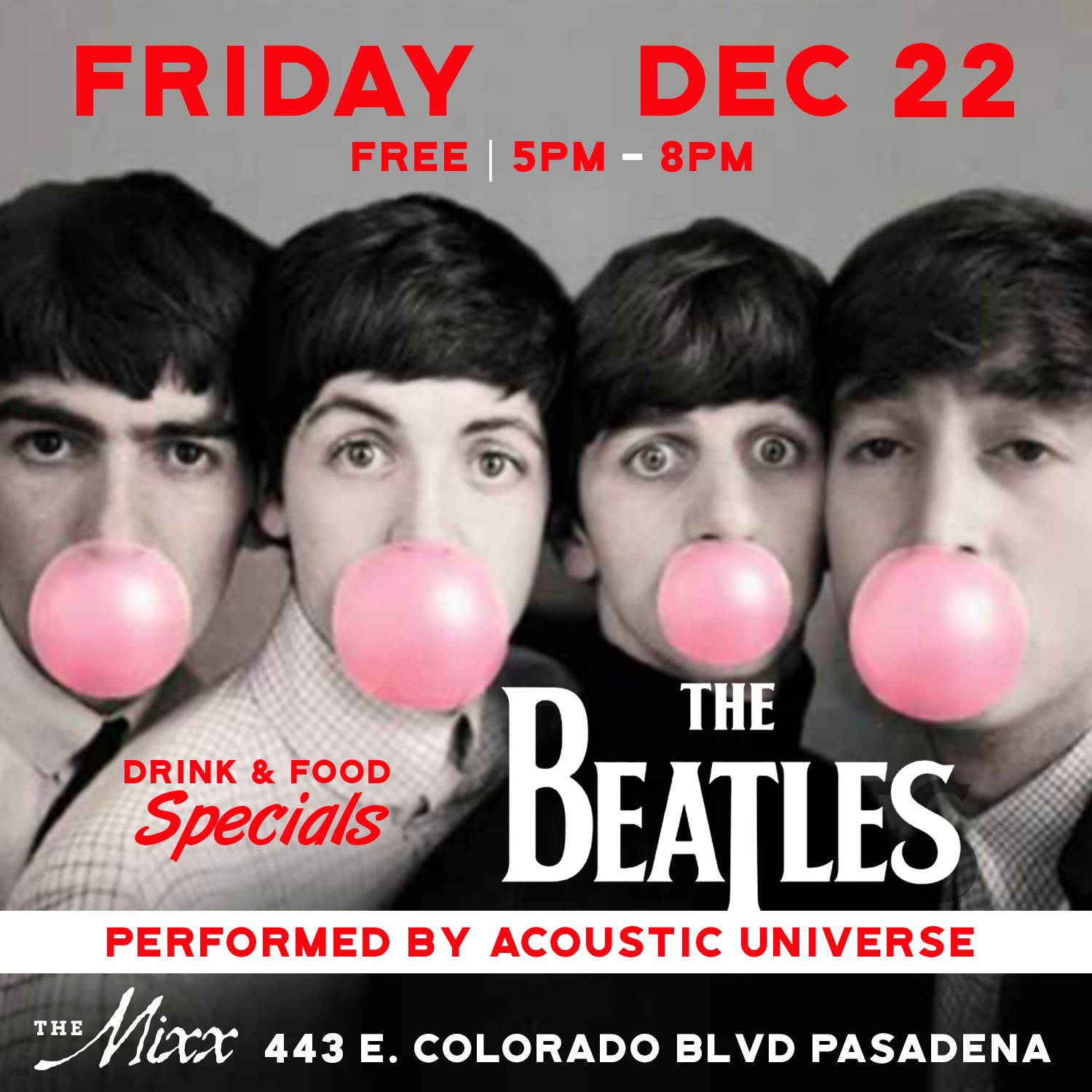 You are currently viewing FREE HOLIDAY LIVE BEATLES MATINEE SHOW & HAPPY HOURS
